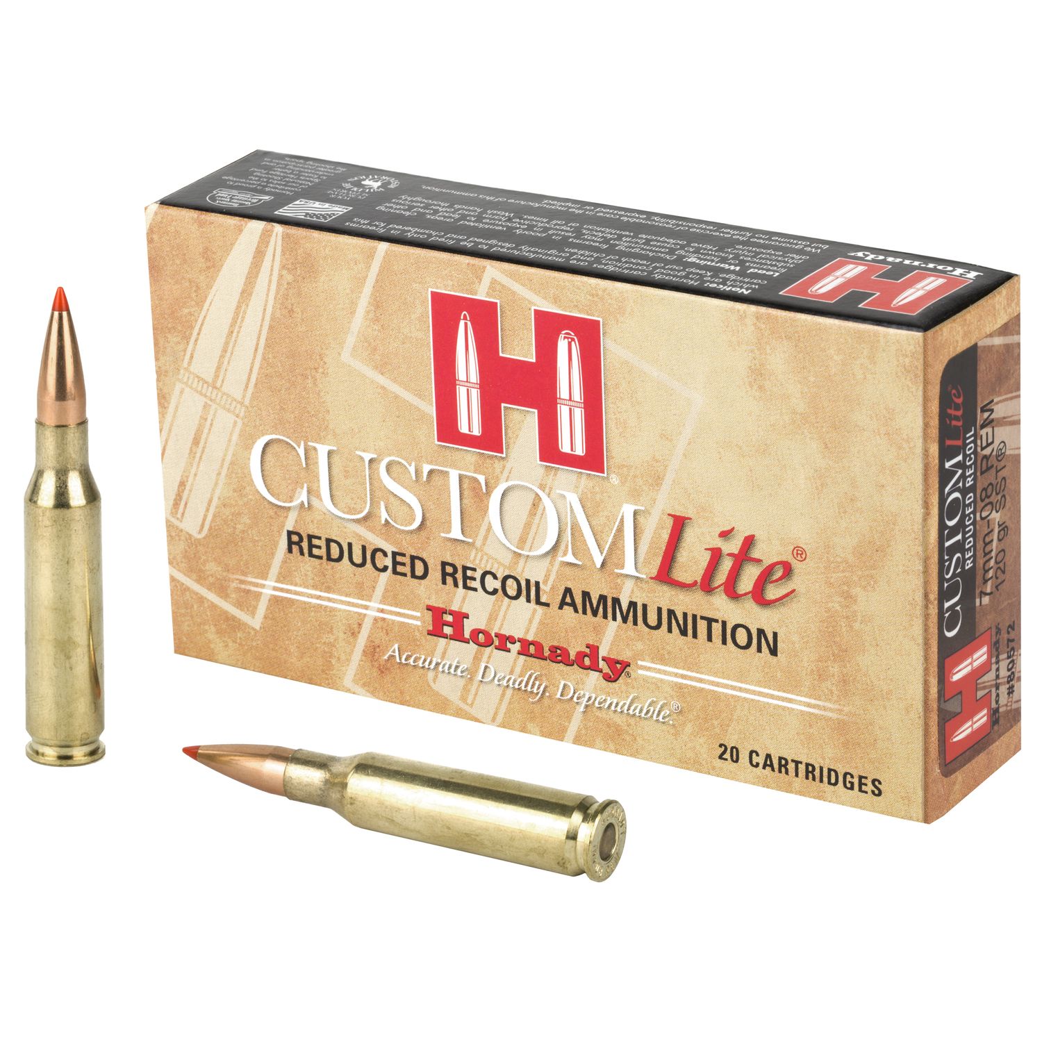 Hornady Custom Lite Rifle Ammunition 80572, 7mm-08 Remington, SST, 120 GR, 2675 fps, 20 Rd/bx