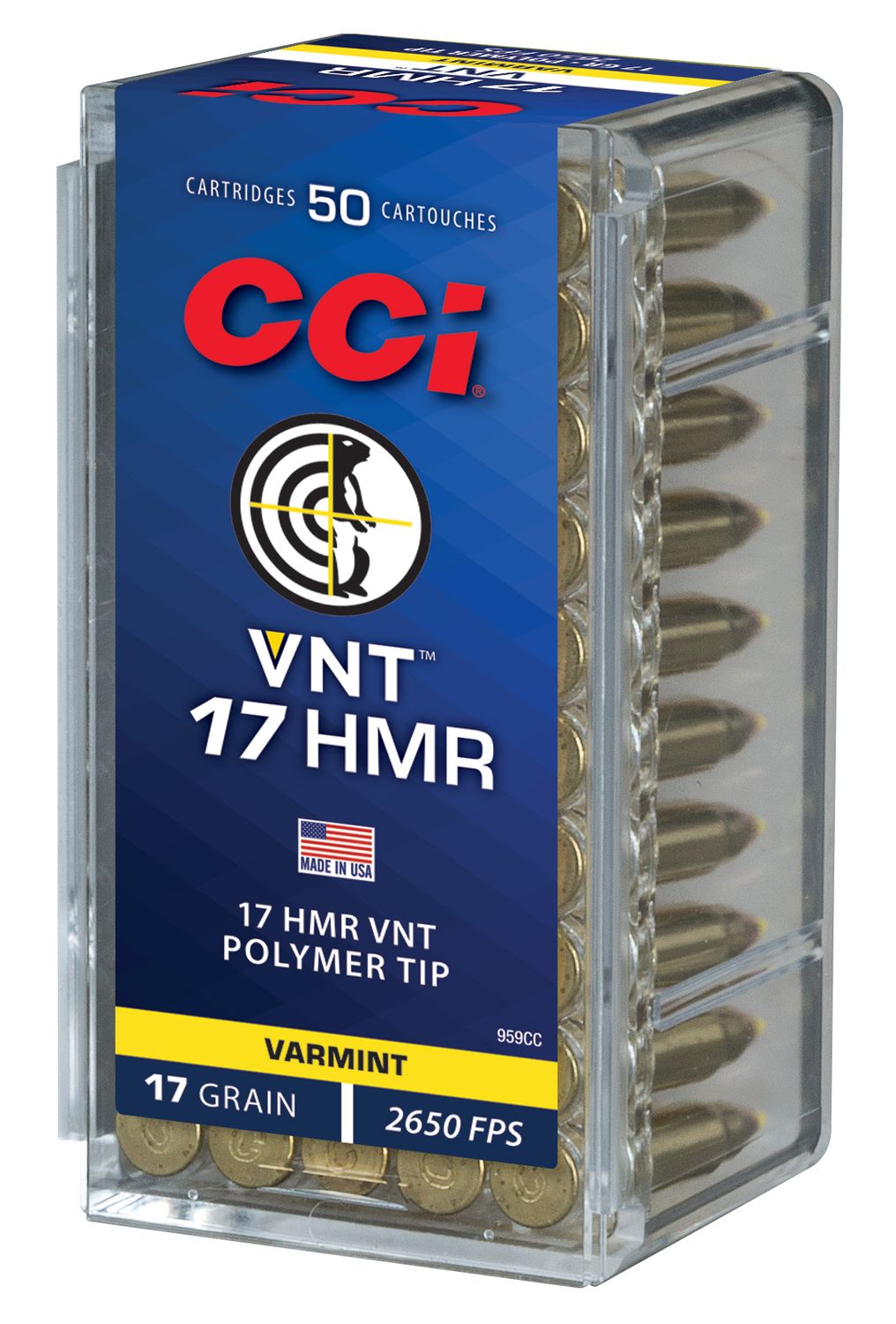 CCI HMR VNT Varmint Target Rimfire Ammunition 959CC, 17 HMR, Speer VNT, 17 GR, 2650 fps, 50 Rd/bx