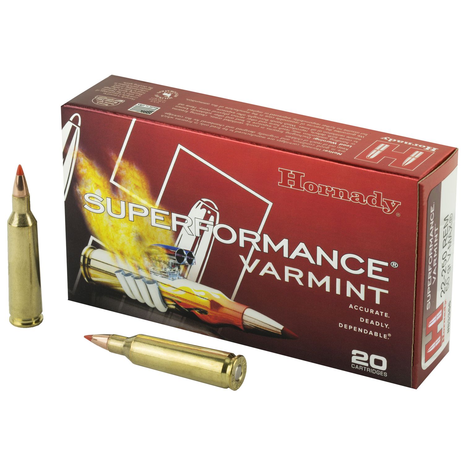 Hornady Superformance Varmint Rifle Ammunition 83366, 22-250 Remington, V-Max, 50 GR, 4000 fps, 20 Rd/bx