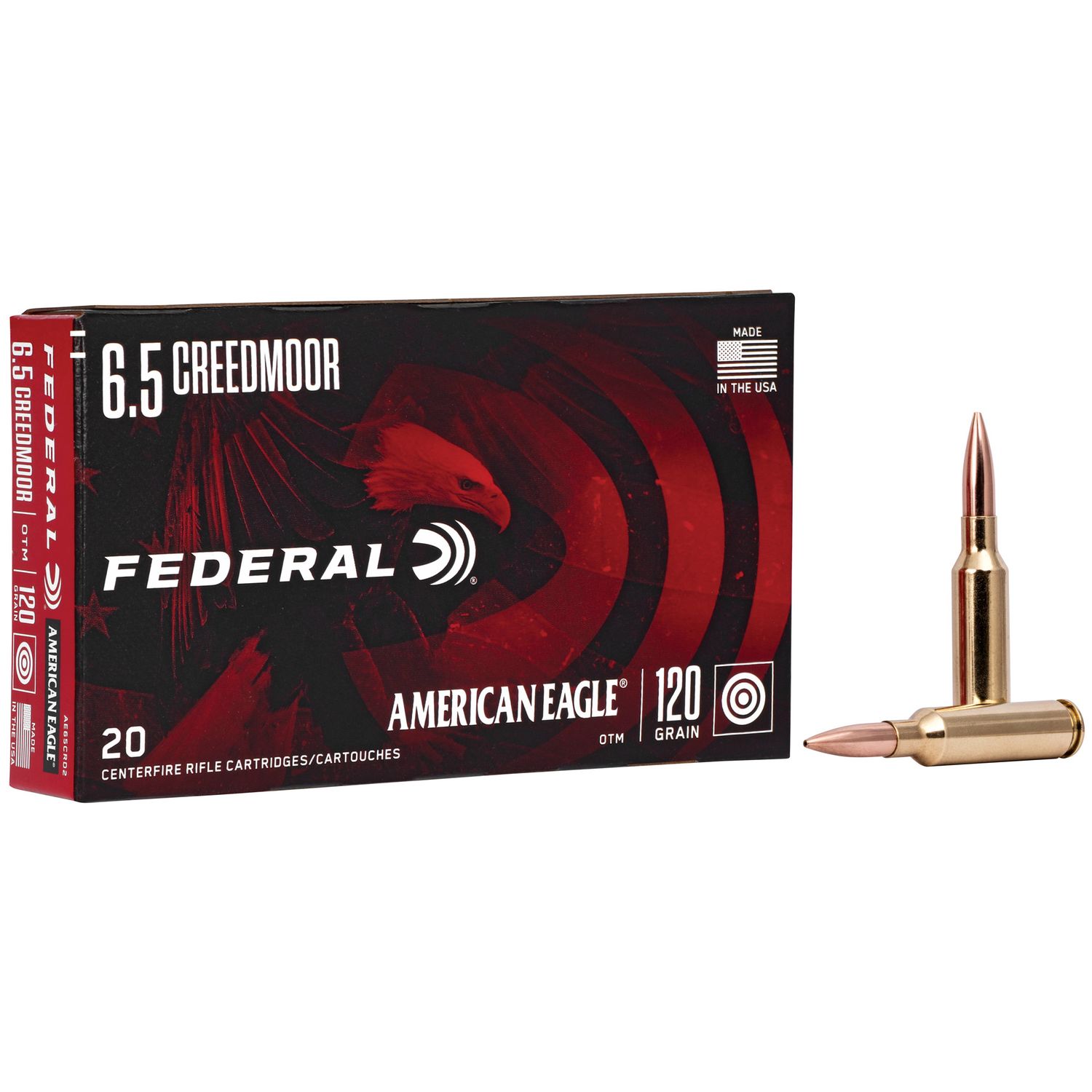 Federal American Eagle Rifle Ammunition AE65CRD2, 6.5 Creedmoor, Open Tip Match, 120 GR, 2900 fps, 20 Rd/bx