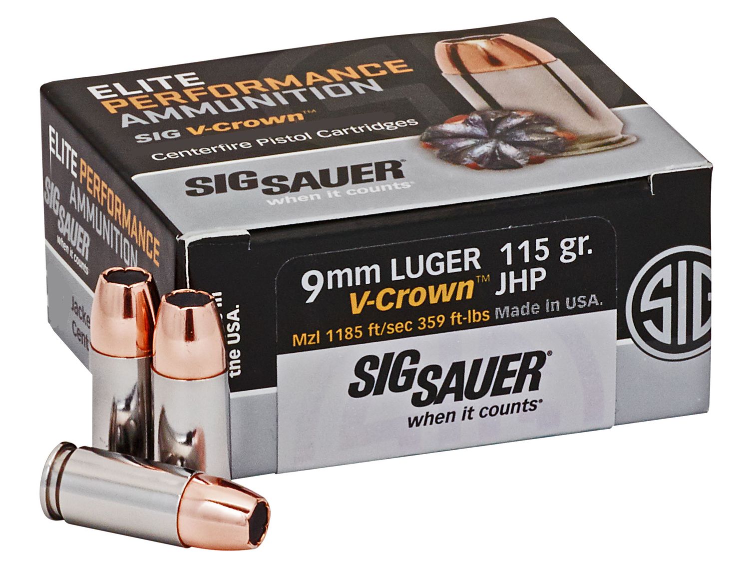 Sig Sauer Elite Performance Pistol Ammunition E9MMA150, 9mm, JHP V-Crown, 115 GR, 1185 fps, 50 Rd/bx