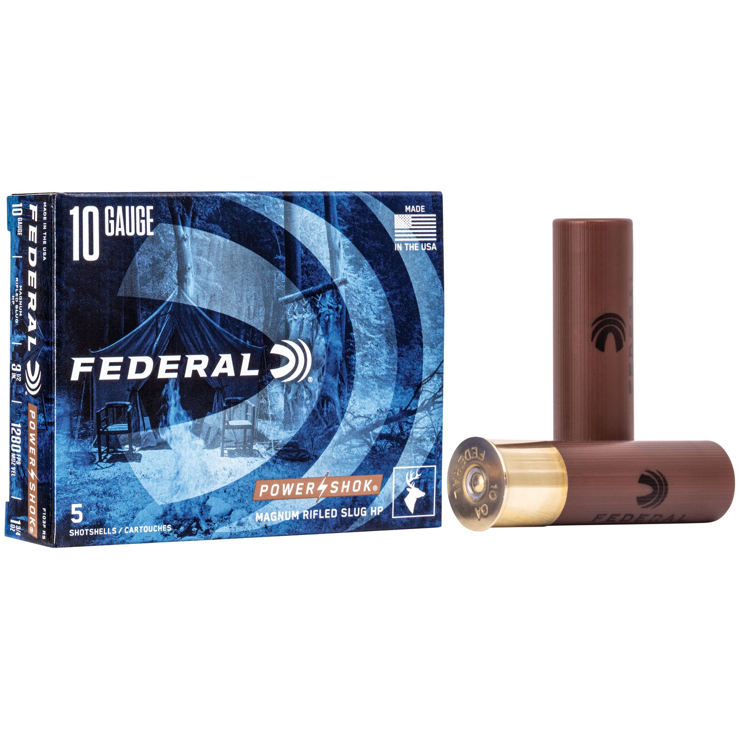 Federal Power-Shok Shot Shells F103FRS, 10 Gauge, 3.5 in, 1-3/4 oz, 1280 fps, #Slug Rifled Slug Shot, 5 Rd/bx