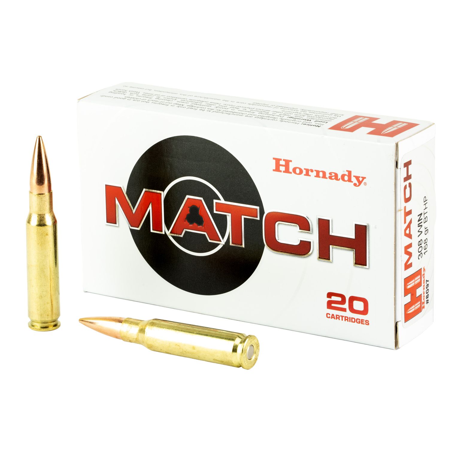 Hornady Rifle Ammunition 8097, 308 Winchester, Boat Tail Hollow Point Match, 168 GR, 2700 fps, 20 Rd/bx