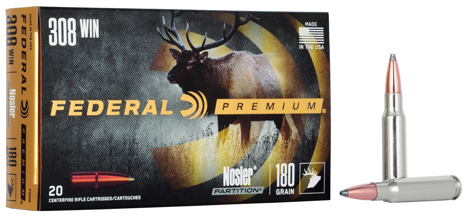 Federal Premium Vital-Shok Rifle Ammunition P308E, 308 Winchester, Nosler Partition, 180 GR, 2570 fps, 20 Rd/bx