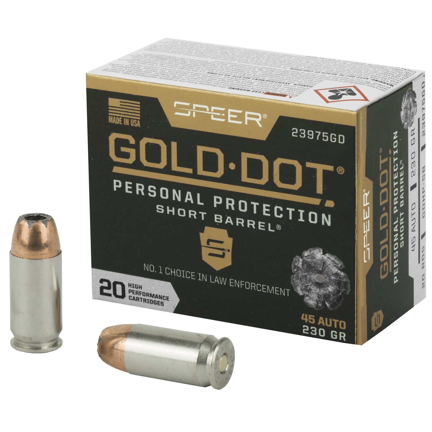 Speer Gold Dot Short Barrel Personal Protection Handgun Ammunition 23975GD, 45 ACP, Gold Dot HP, 230 GR, 820 fps, 20 Rd/bx