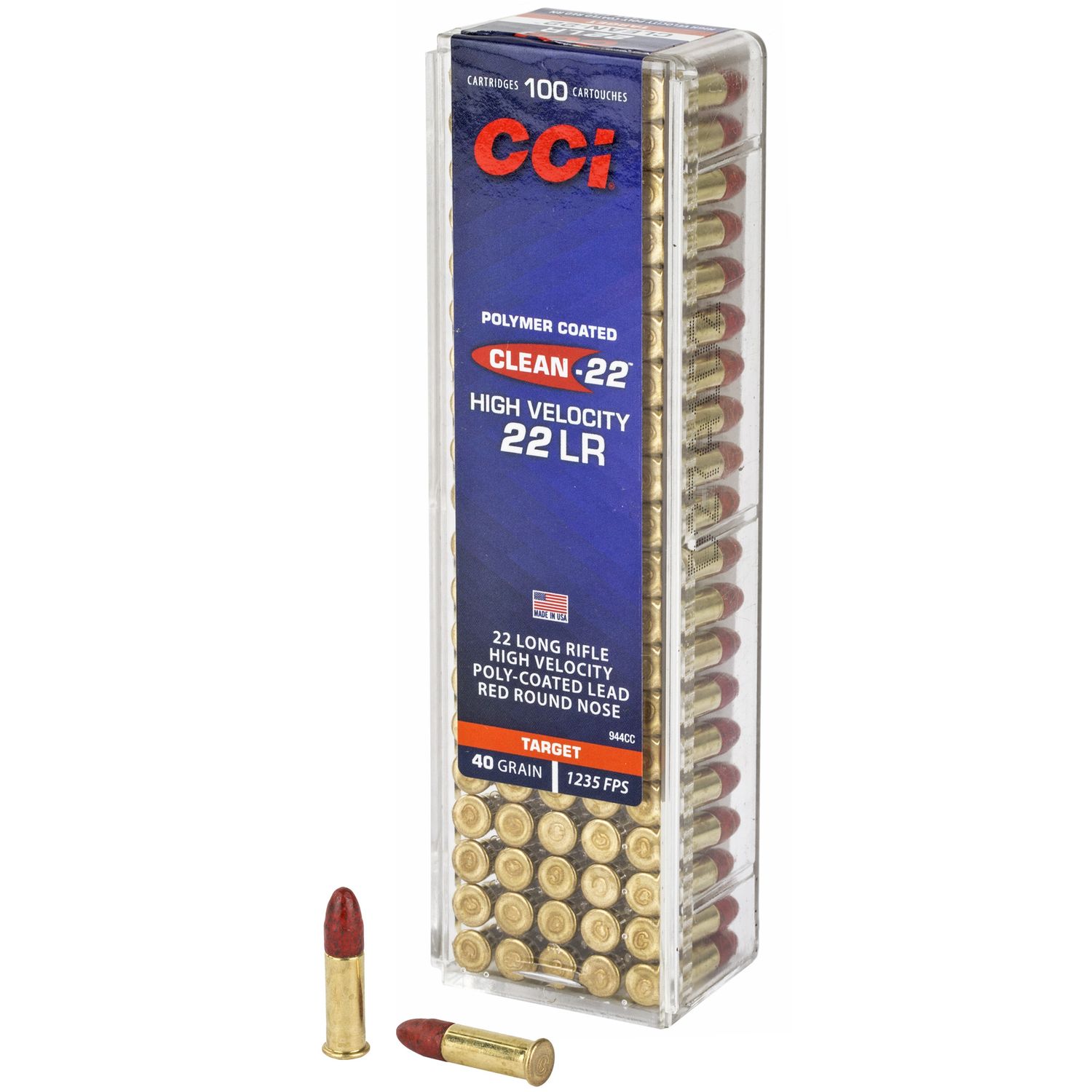 CCI Target & Plinking Rimfire Ammunition 944CC, 22 LR, Poly Coated Lead Round Nose, 40 GR, 1235 fps, 100 Rds/Bx