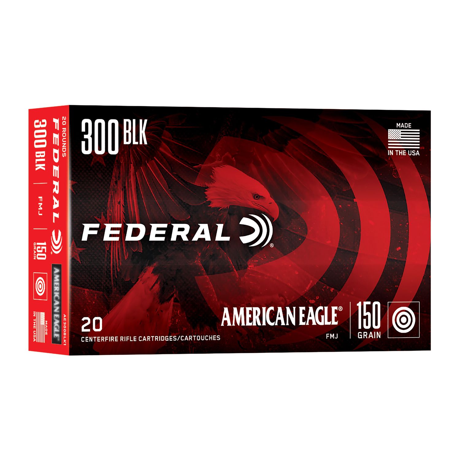 Federal American Eagle Rifle Ammunition AE300BLK1, 300 AAC Blackout, FMJ-BT, 150 GR, 20 Rd/bx