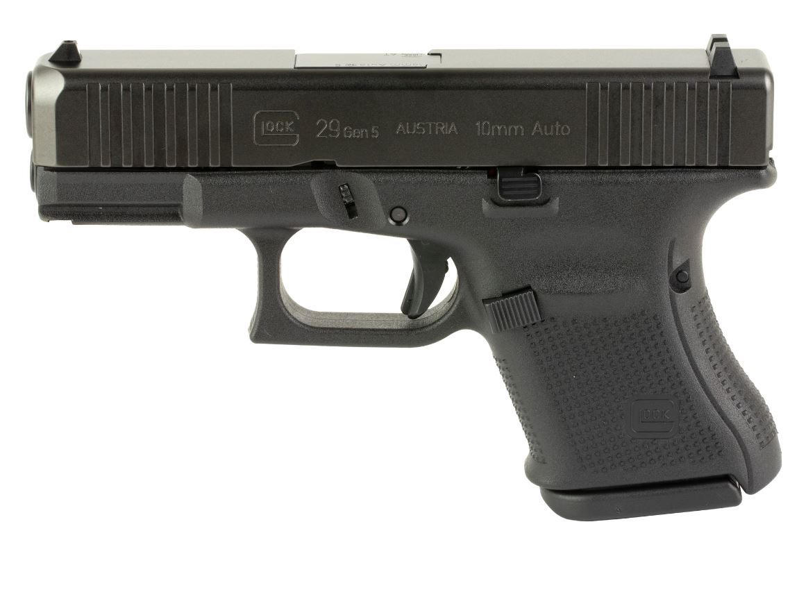 Glock 29 Gen5 Pistol PA295S201, 10mm, 3.78 in, Rough Textured Grip, Black Finish, Fixed Sights, 10 Rd