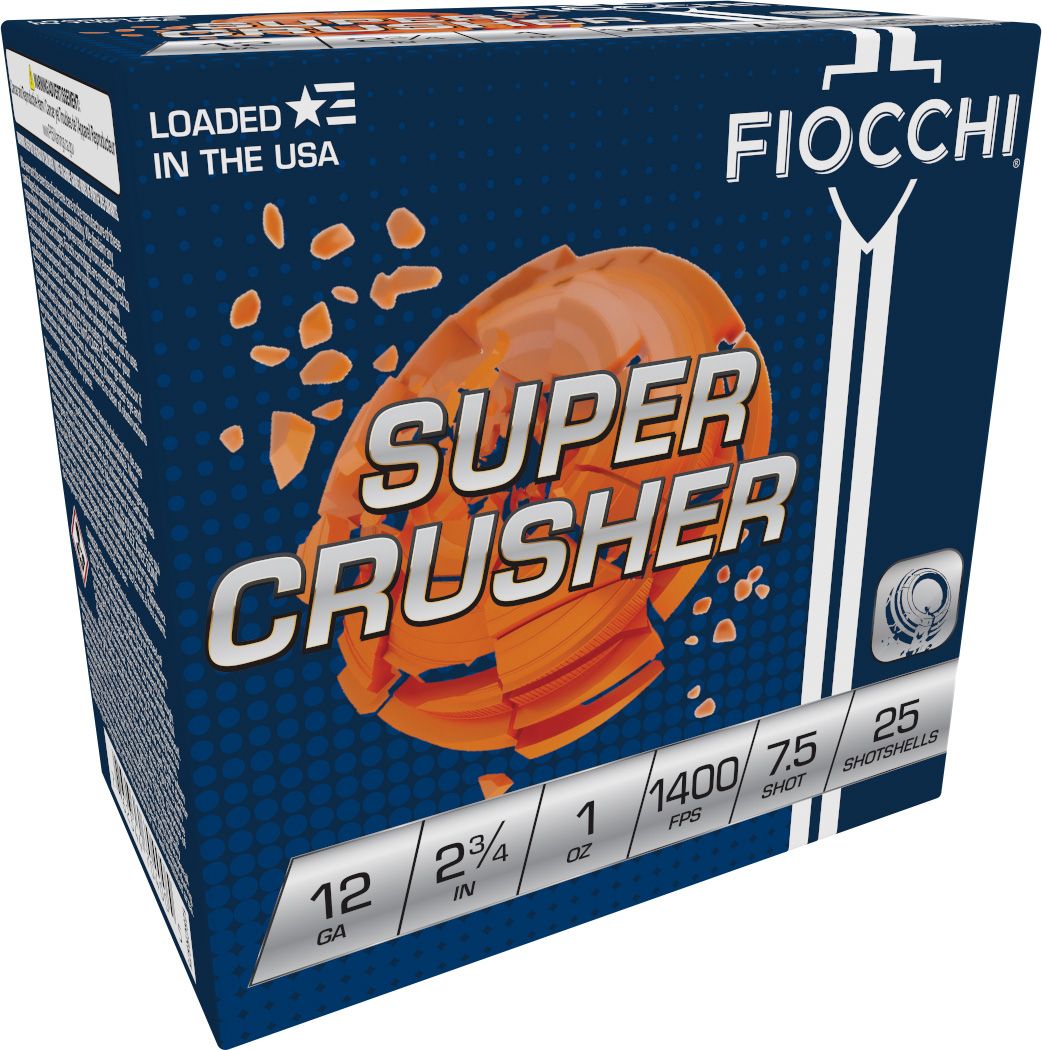 Fiocchi Premium Target Super Crusher Shotshells 12SCRS75, 12 Gauge, 2-3/4", 1 oz, 1400 fps, #7.5 Lead Shot, 25 Rds/Bx