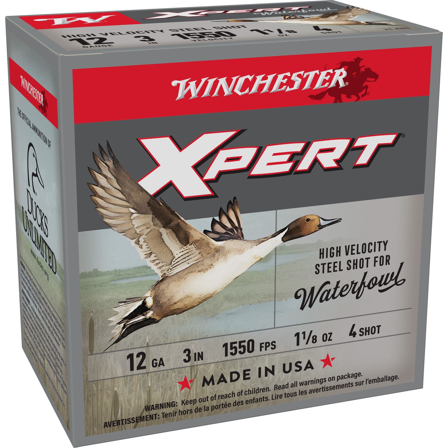 Winchester Xpert High Velocity Steel Shotshells WEX1234, 12 Gauge, 3", 1-1/8 oz, 1550 fps, #4 Steel Shotshells Shot, 25 Rds/Bx