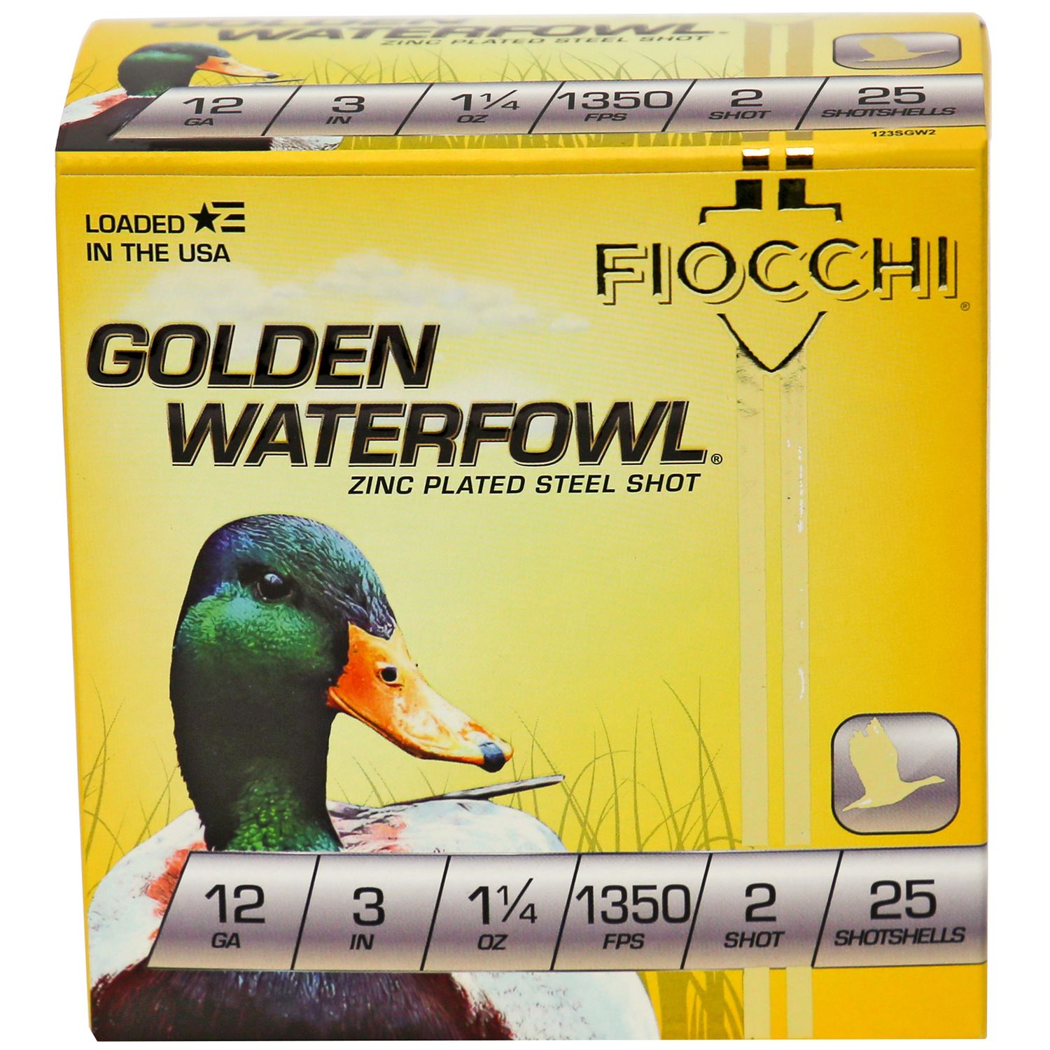 Fiocchi Golden Waterfowl Shotshells 123SGW2, 12 Gauge, 3 in, 1-1/4 oz, 1400 fps, #2 Steel Shot, 25 Rds/Bx