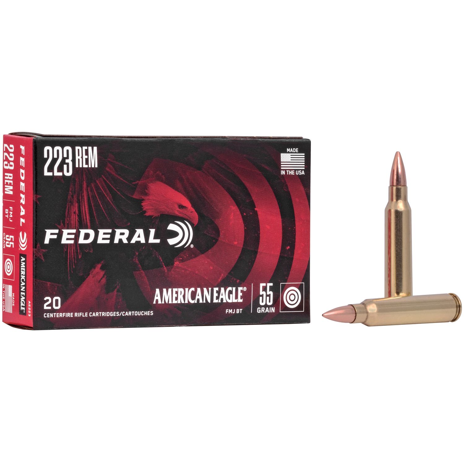 Federal American Eagle Rifle Ammunition AE223, 223 Remington, Full Metal Jacket (FMJ), 55 GR, 3240 fps, 20 Rd/bx