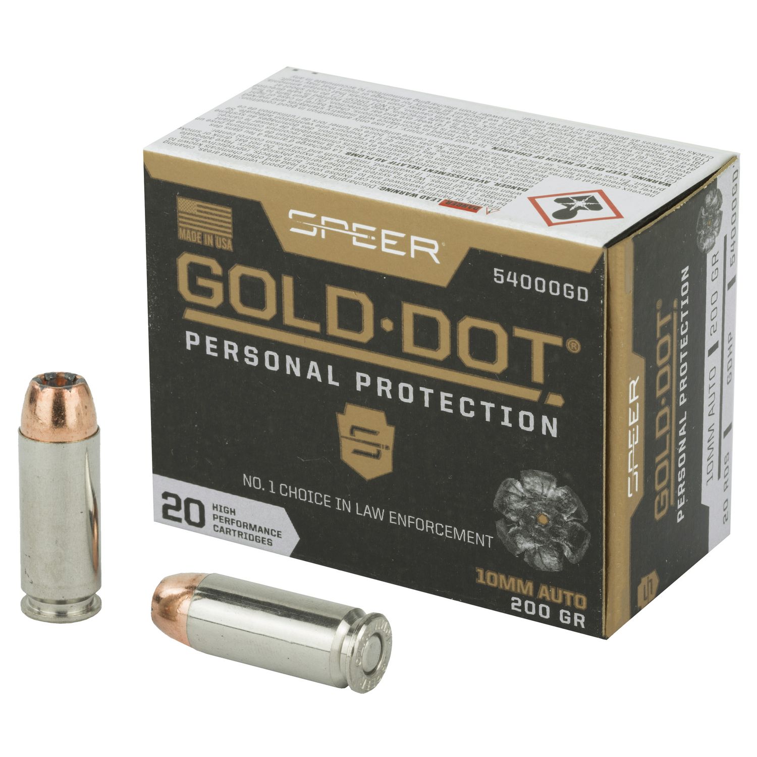 Speer Gold Dot Personal Protection Handgun Ammunition 54000GD, 10MM, Gold Dot HP, 200 GR, 1100 fps, 20 Rd/bx