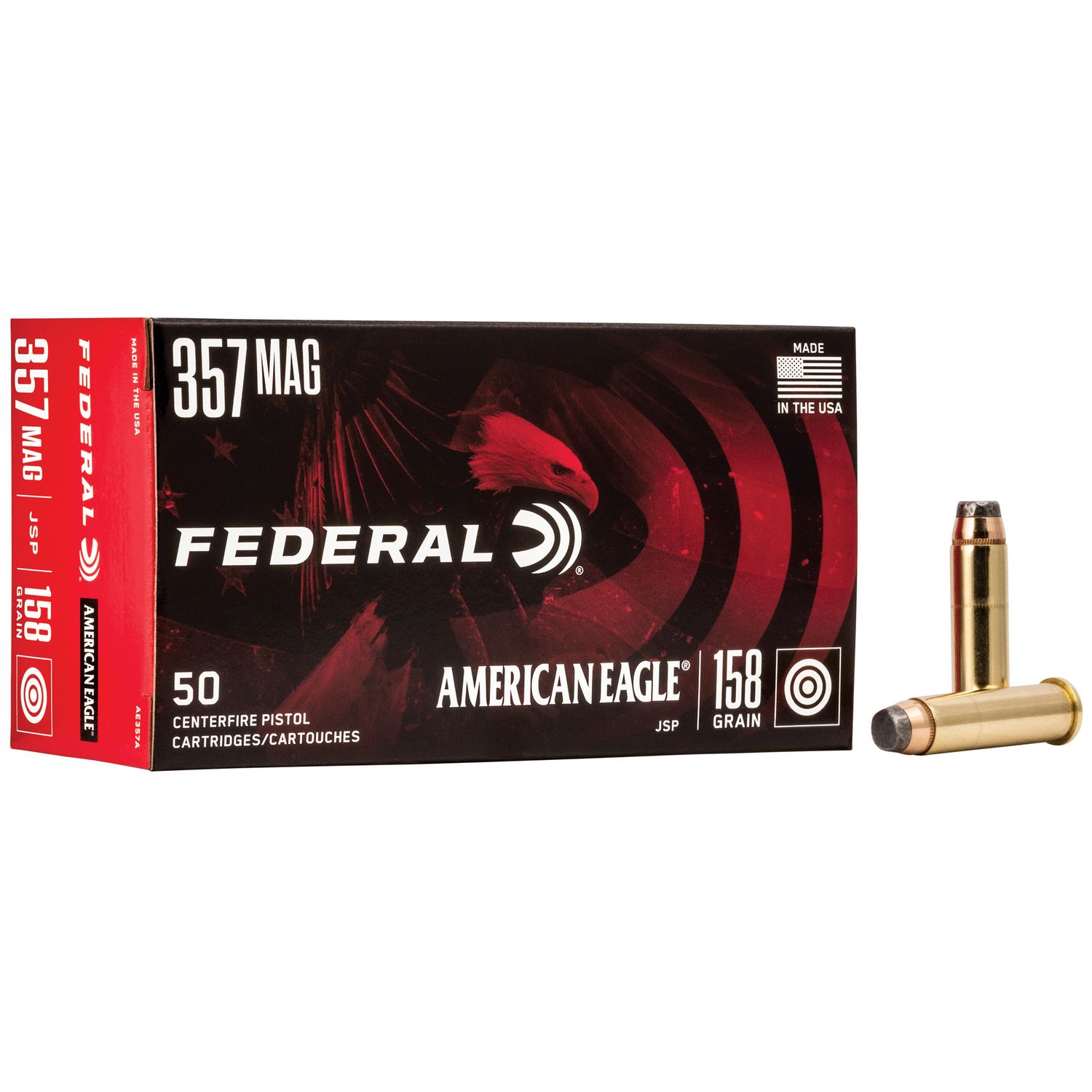 Federal American Eagle Pistol Ammunition AE357A, 357 Magnum, Jacketed Soft Point (SP), 158 GR, 1240 fps, 50 Rd/bx