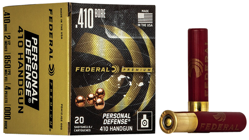 Federal Premium Personal Defense Handgun Ammunition PD412JGE000, 410 Gauge, 2 1/2 in, 4 pellets, 850 fps, #000 Buckshot, 20 Rd/bx