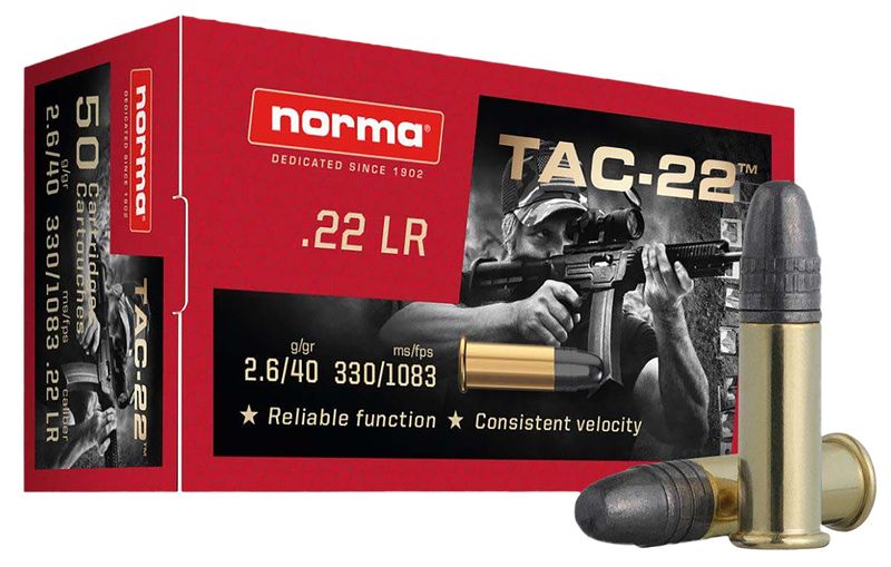 Norma High Performance Target Rimfire Ammunition 2425092, 22 Long Rifle, Lead  Round Nose (RN), 40 GR, 50 rd/bx