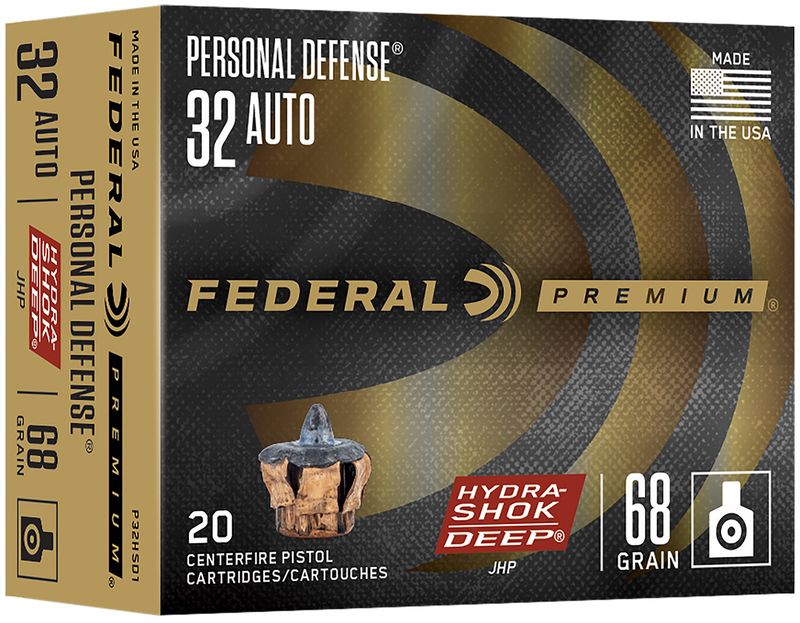 Federal Hydra-Shok Deep Personal Defense 32ACP 68gr Jacketed Hollow Point P32HSD1