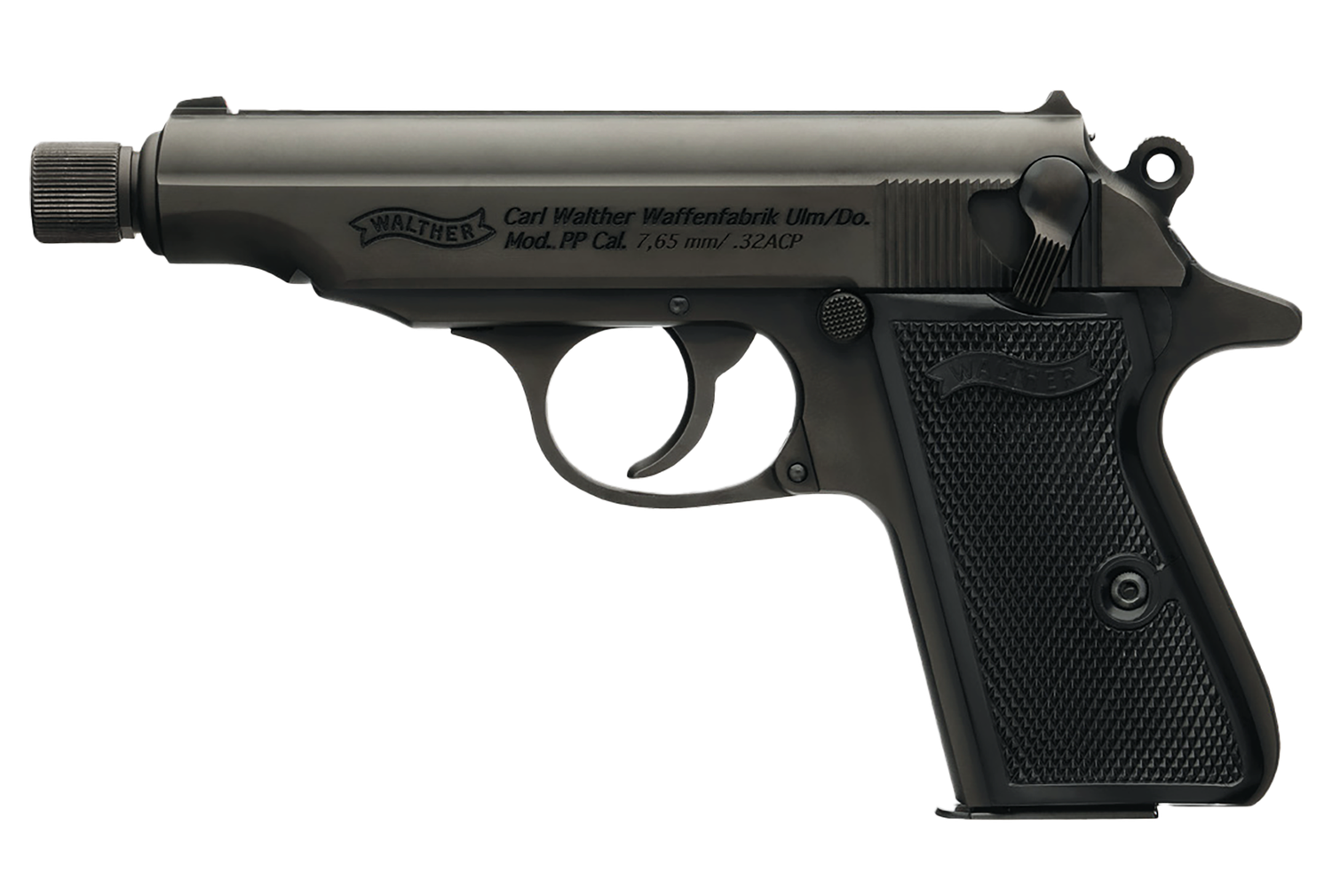 Walther PP SD Pistol 4796063, 32 ACP, 3.90in, Black Polymer Grips, Black Finish, 8 Rds