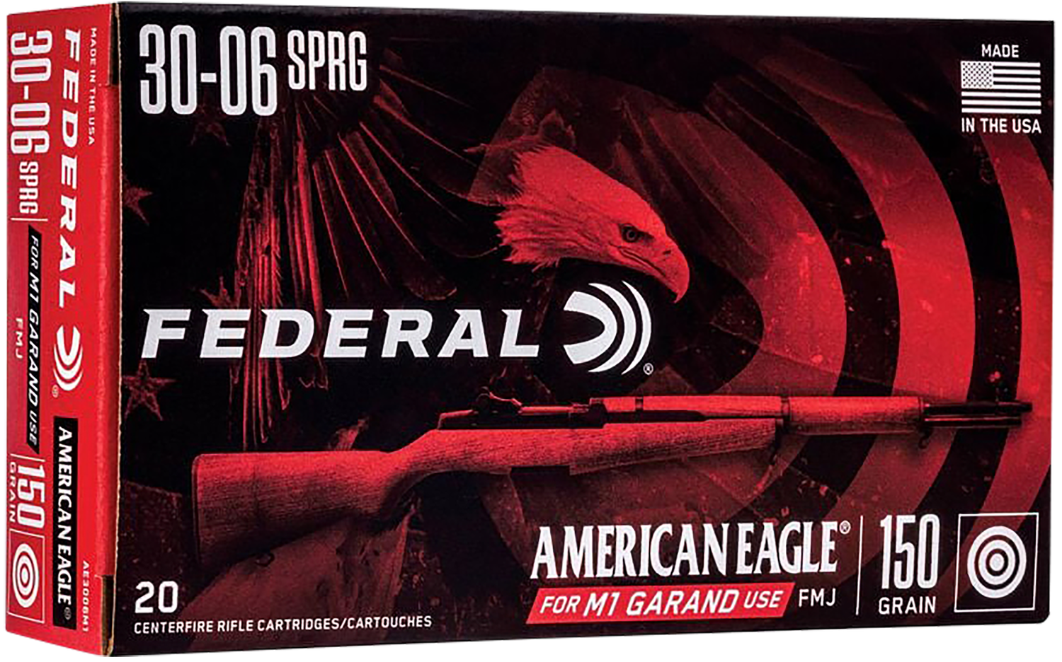 Federal American Eagle M1 Garand Rifle Ammunition AE3006M1, 30-06 Springfield, Full Metal Jacket (FMJ), 150 GR, 2740 fps, 20 Rd/bx