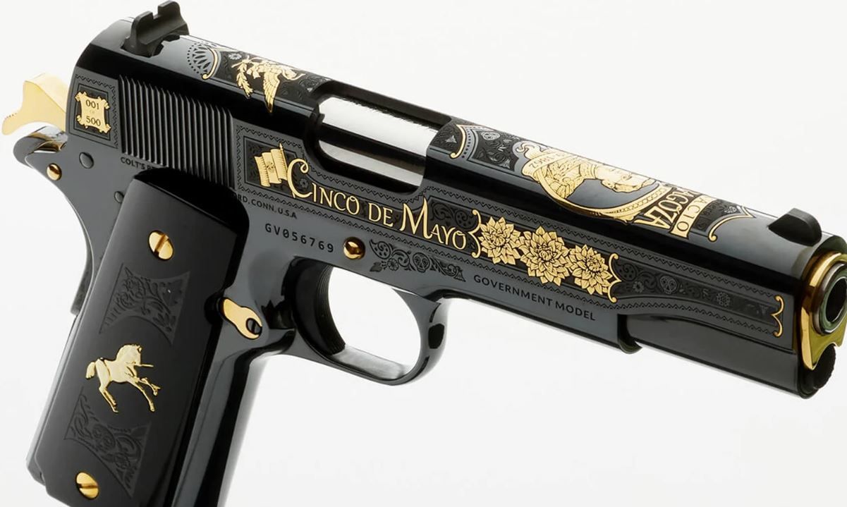 Colt 1911 Government "Cinco De Mayo" Pistol SKCCDM38, 38 Super, 5", Kirinite Black Grips, Royal Blue Polished w/24k Gold Engraving, 9 Rds