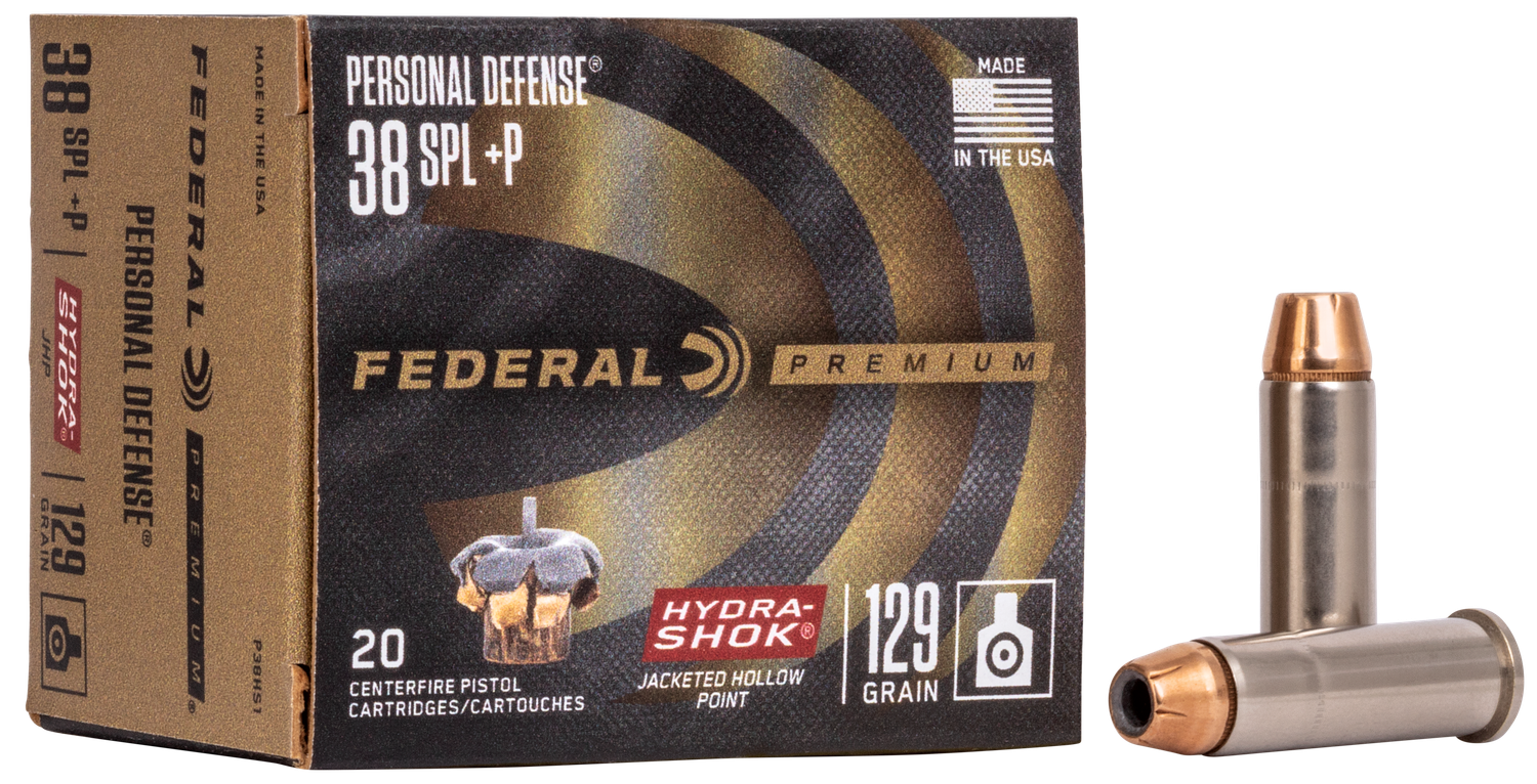 Federal Premium Personal Defense Handgun Ammunition P38HS1, 38 Special +P, Hydra-Shok JHP (JHP), 129 GR, 950 fps, 20 Rd/bx