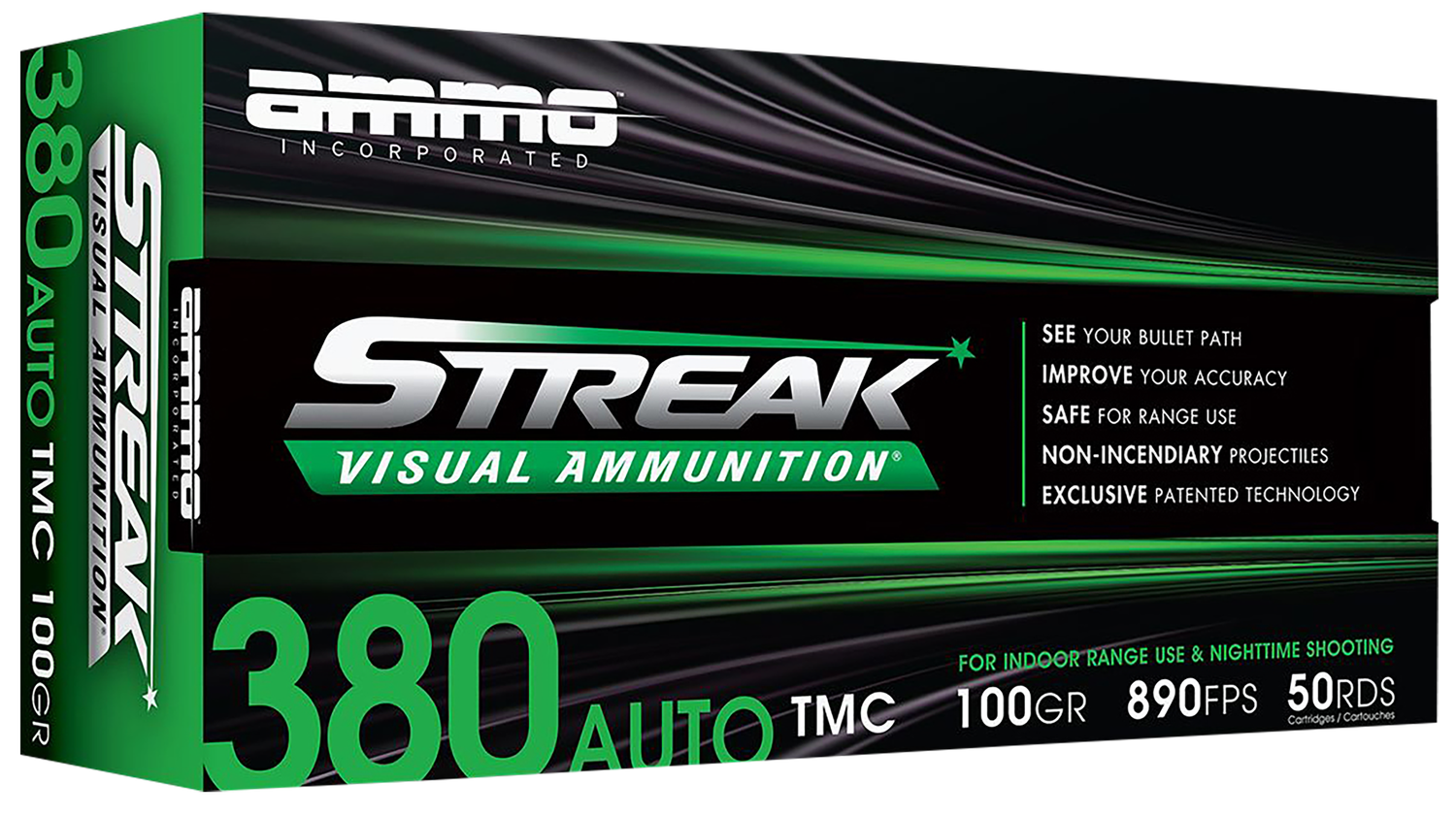 Ammo Inc Streak Visual (GREEN) Self Defense Pistol Ammunition 380100TMCSTRKGRN50, 380 ACP, Total Metal Case, 100 GR, 890 fps, 50 Rd/bx