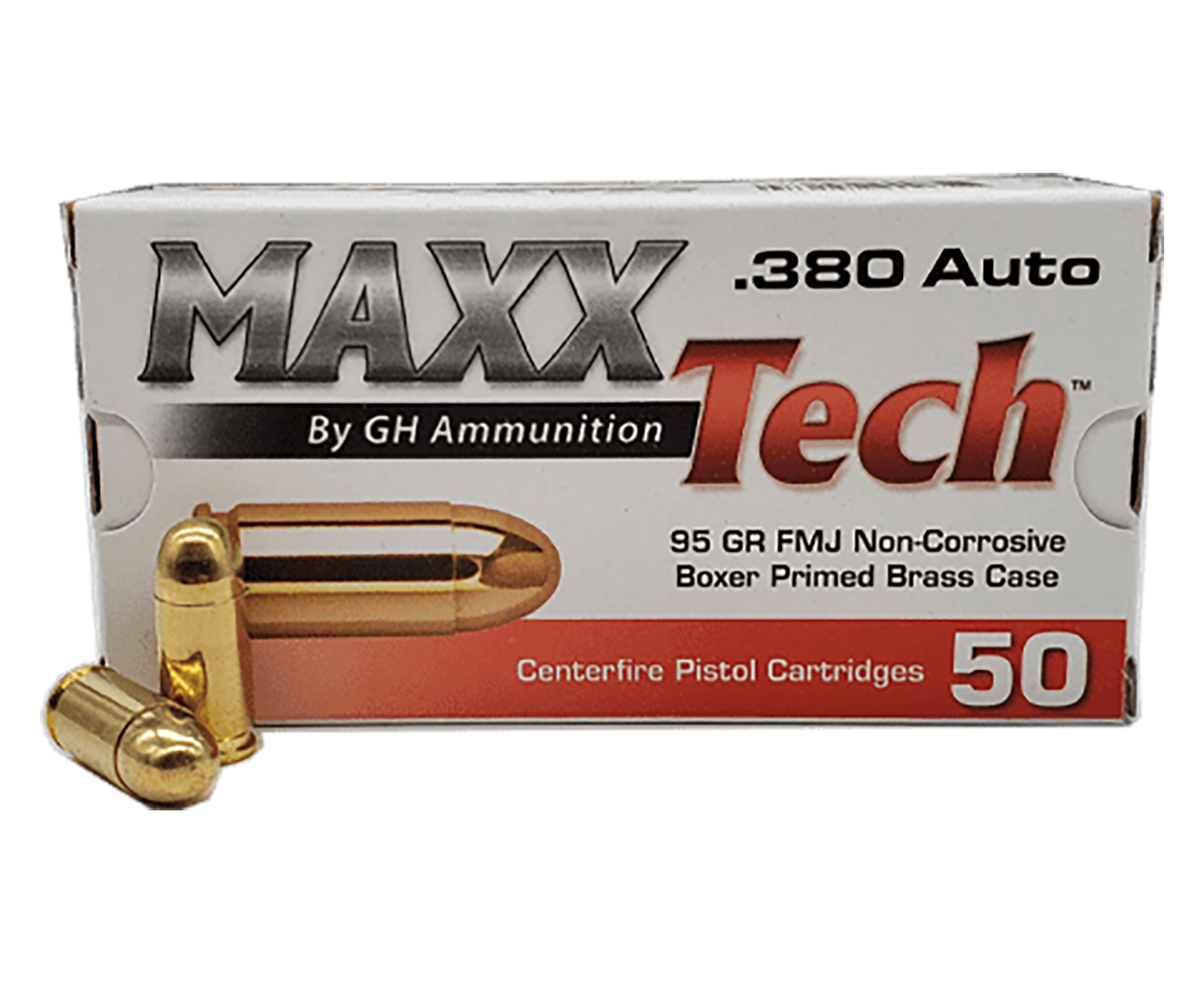 Maxxtech Brass Pistol Ammunition PTGB380B, 380 Automatic Colt Pistol ACP, Full Metal Jacket, 95 gr, 1055 fps, 50 Rd/Bx
