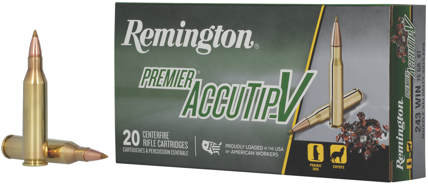 Remington Premier Accutip Rifle Ammunition PRA243WB, 243 Winchester, Accutip-V Boat Tail, 75 GR, 3375 fps, 20 Rd/bx