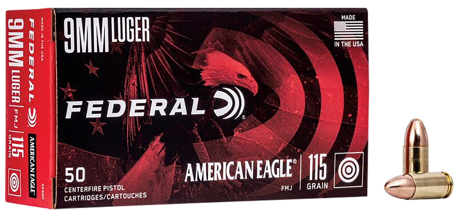 Federal American Eagle Pistol Ammunition AE9DP, 9mm, Full Metal Jacket (FMJ), 115 GR, 1160 fps, 50 Rd/bx