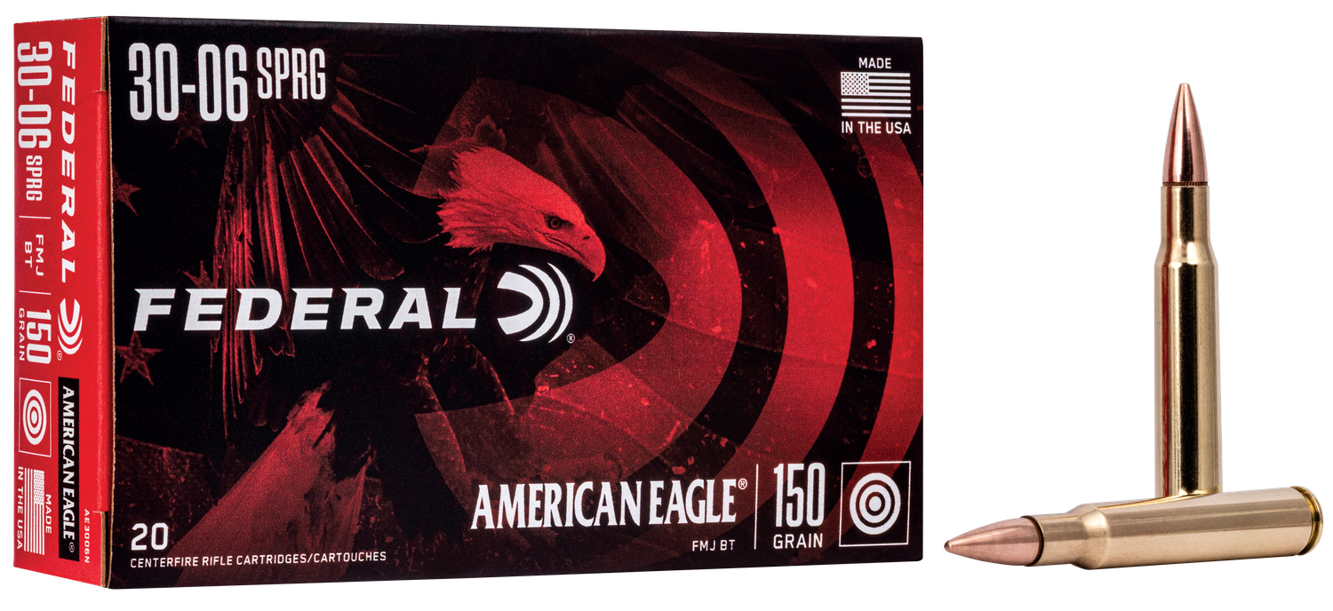 Federal American Eagle Rifle Ammunition AE3006N, 30-06 Springfield, Metal Case Boat-Tail, 150 GR, 2910 fps, 20 Rd/bx
