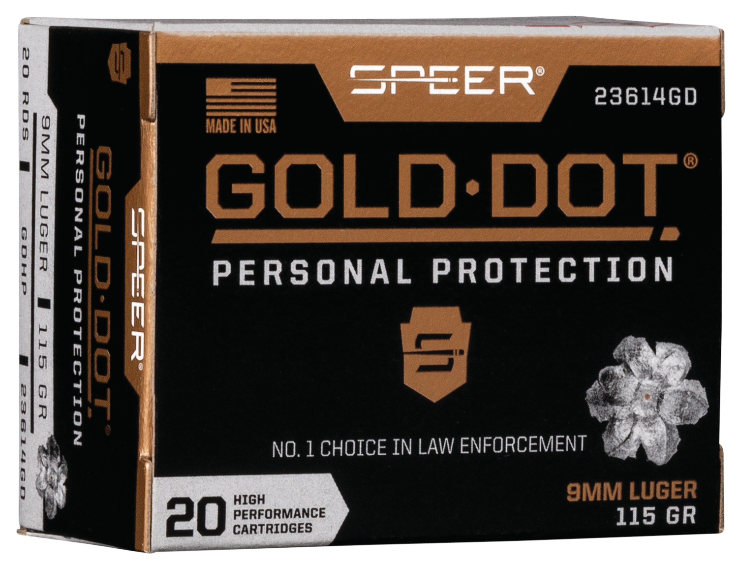Speer Gold Dot Personal Protection Handgun Ammunition 23614GD, 9MM, Gold Dot HP, 115 GR, 1210 fps, 20 Rd/bx