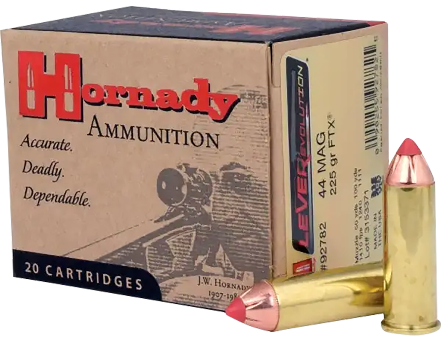 Hornady LeveRevolution Ammunition 92782, 44 Magnum, 225 GR, Flex Tip eXpanding (FTX), 20 Rd/bx