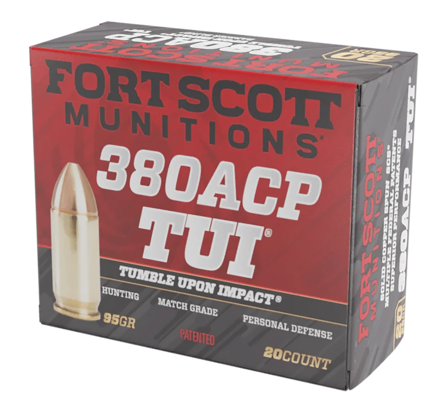 Fort Scott Munitions TUI Pistol Ammunition 380095SCV, 380 Automatic Colt Pistol ACP, Solid Copper Spun, 95 gr, 940 fps, 20 Rd/Bx