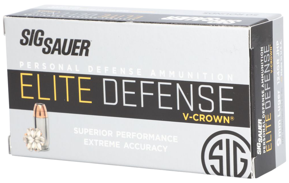 Sig Sauer Elite Performance Pistol Ammunition E9MMA250, JHP V-Crown, 124 GR, 1165 fps, 50 Rd/Bx