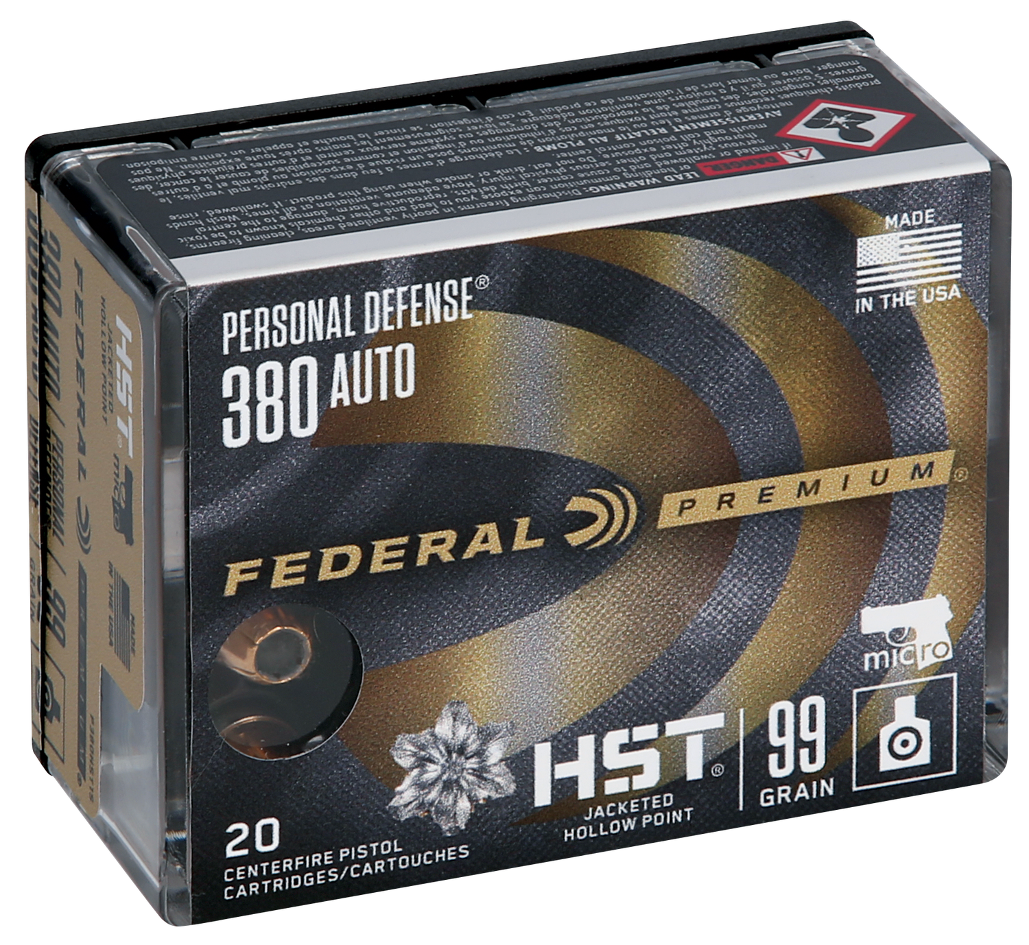 Federal HST Pistol Ammunition P380HST1S, 380 ACP, Jacketed Hollow Point, 99 GR, 975 fps, 20 Rd/bx