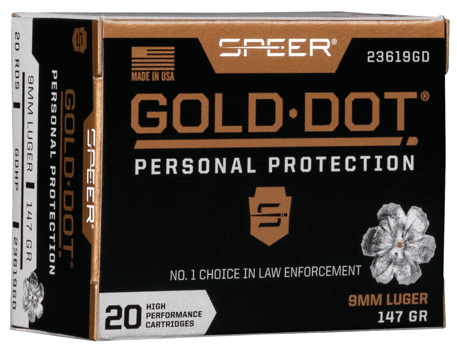 Speer Gold Dot Personal Protection Handgun Ammunition 23619GD, 9MM, Gold Dot HP, 147 GR, 985 fps, 20 Rd/bx