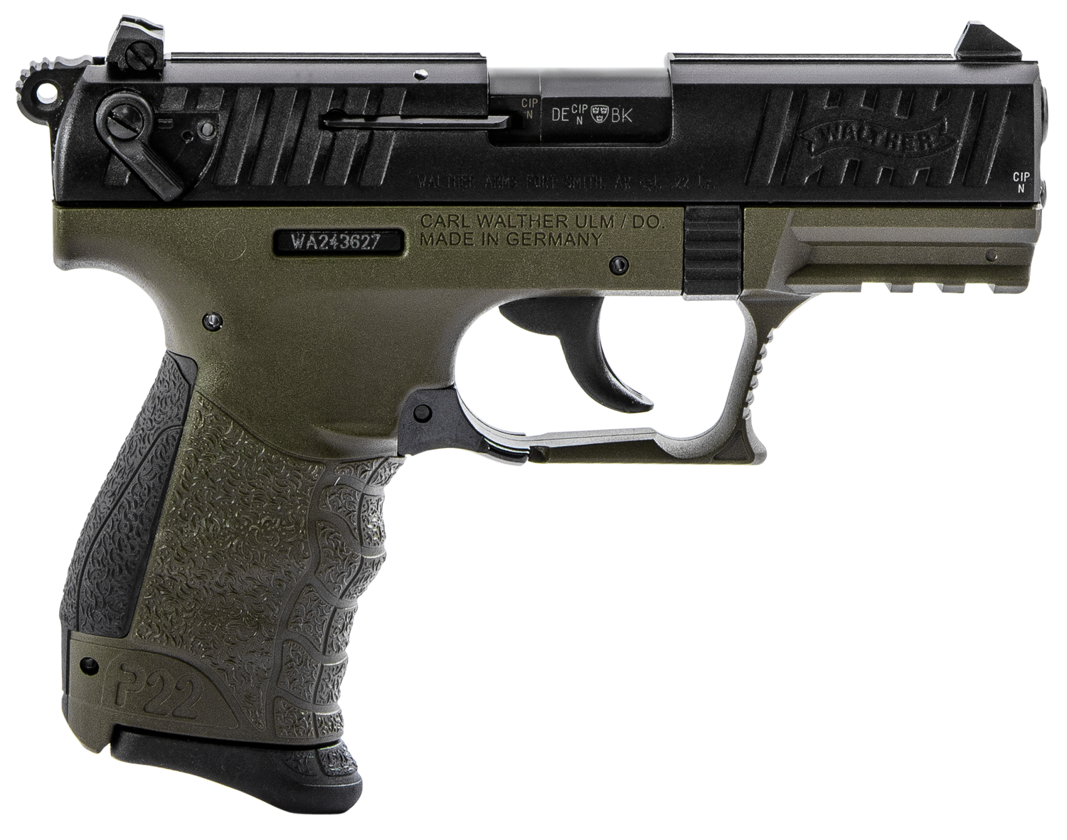 Walther P22 Q Military Pistol 5120715, 22 LR, 3.42", Black Interchangeable Backstrap, OD Green Finish, 10 Rds