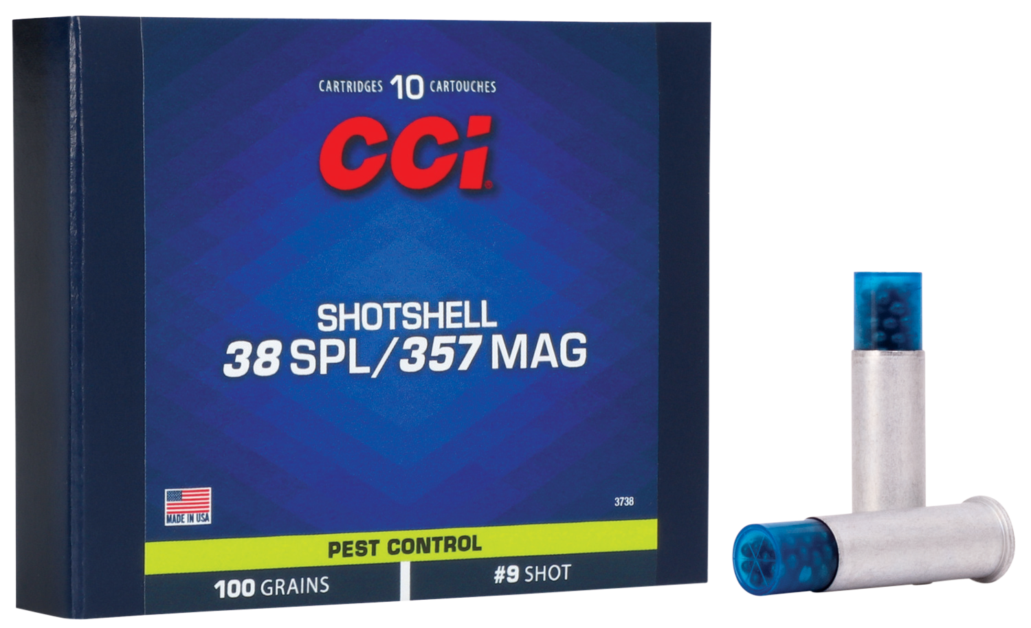 CCI Pest Control ShotShells 3738, 357/38 Special, #9 ShotShell, 100 GR, 1000 fps, 10 Rd/bx