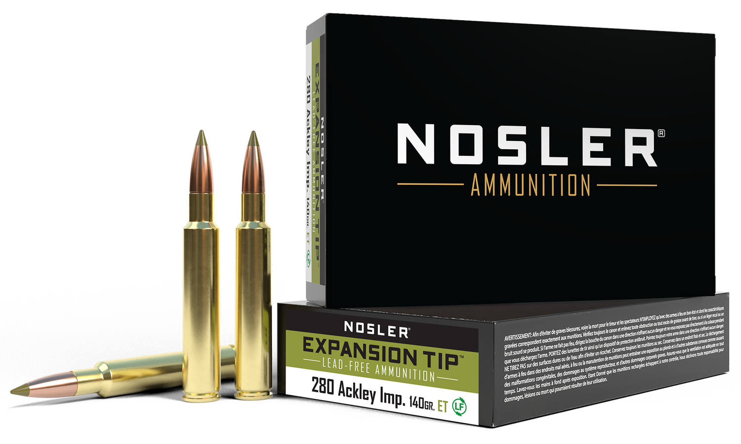 Nosler E-Tip Rifle Ammunition 40067, 280 Ackley Improved, E-Tip Lead-Free, 140 gr, 3050 fps, 20 Rd/Bx