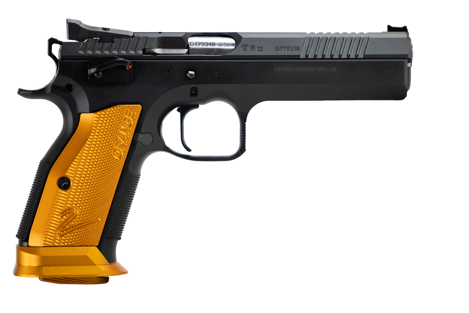 CZ-USA TS2 Pistol 91265, 40 S&W, 5.20in, Orange Checkered Aluminum Grips, Black Polycoat Finish, 17 Rds