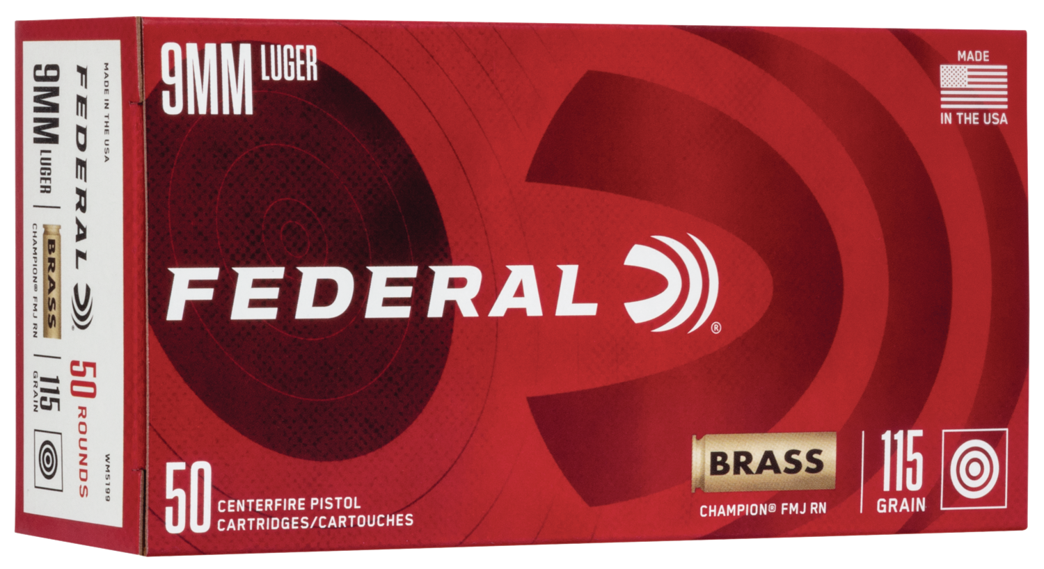 Federal Champion Pistol Ammunition WM5199, 9mm, Full Metal Jacket (FMJ), 115 GR, 1145 fps, 50 Rd/bx