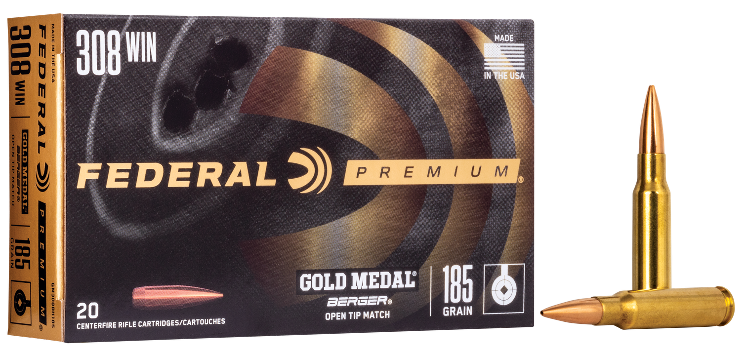 Federal Premium Gold Medal Berger Rifle Ammunition GM308BH185, 308 Winchester, Open Tip Match, 185 GR, 2600 fps, 20 Rd/Bx