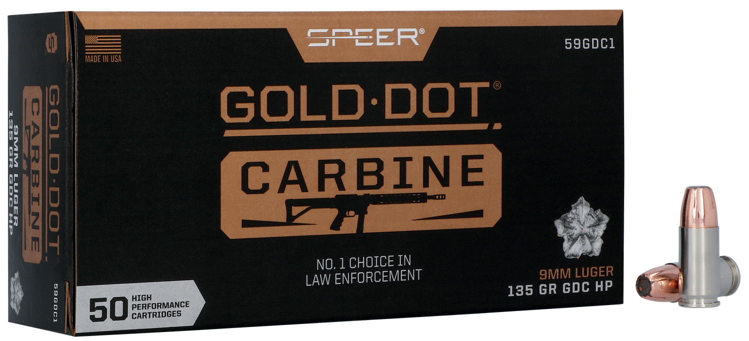 Speer Gold Dot Carbine Ammunition 59GDC1, 9MM, Gold Dot HP, 135 GR, 1170 fps, 50 Rd/bx