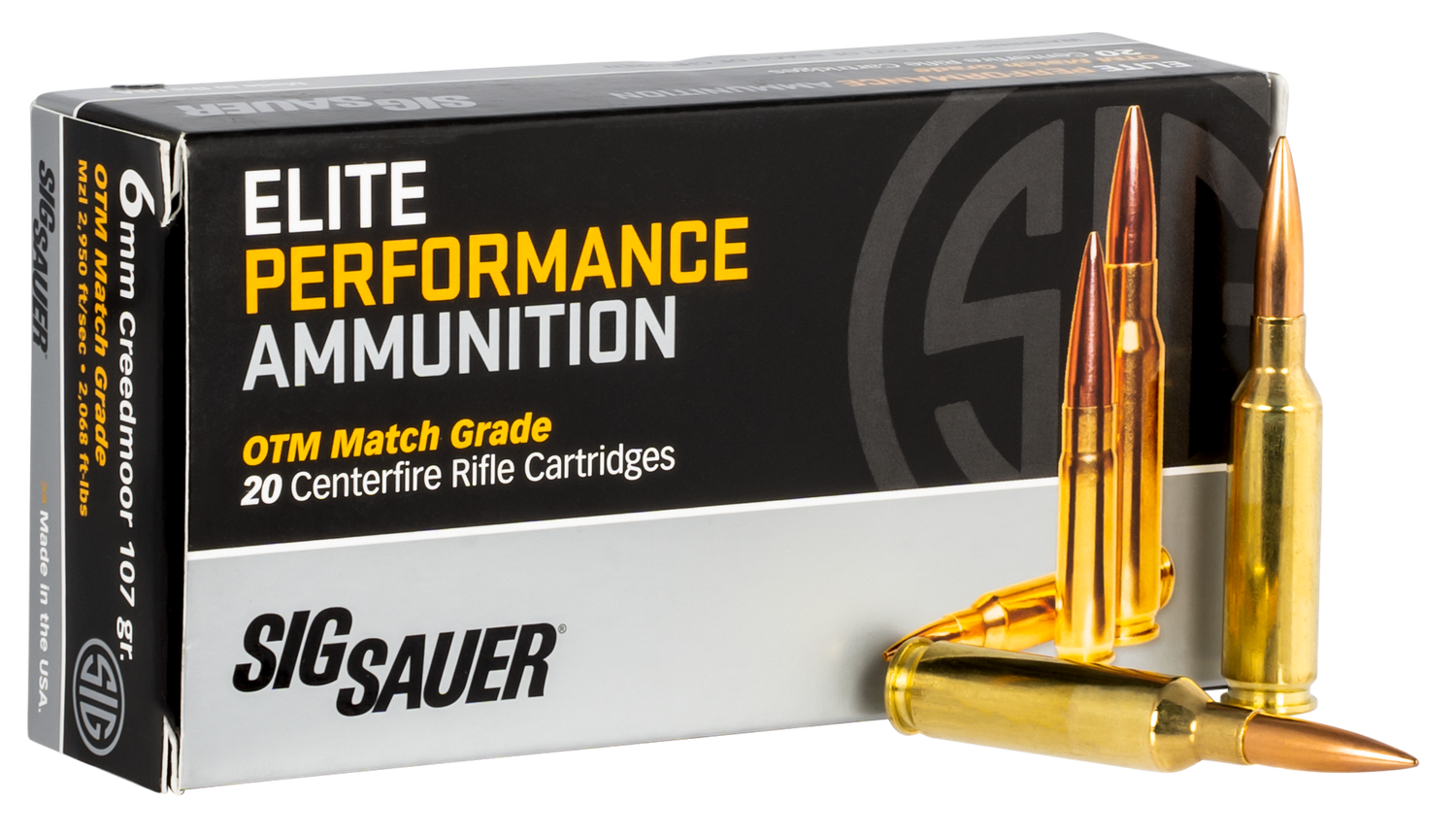 Sig Sauer Elite Match Grade Rifle Ammunition E6MMCM220, 6mm Creedmoor, Open Tip Match, 107 gr, 2950 fps, 20 Rd/Bx