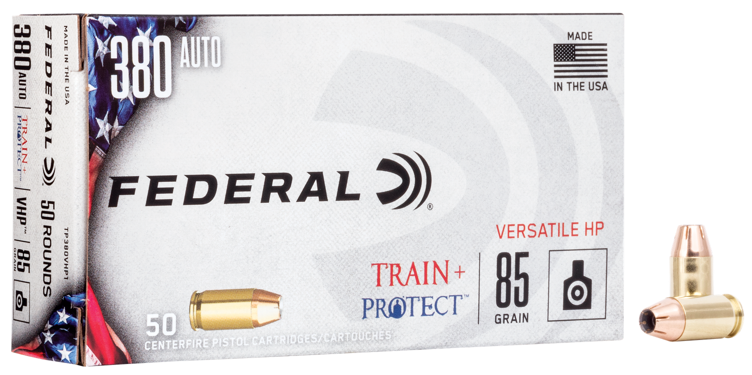 Federal Train & Protect Pistol Ammunition TP380VHP1, 380 ACP, Verstile Hollow Point (VHP), 85 GR, 1000 fps, 50 Rd/Bx