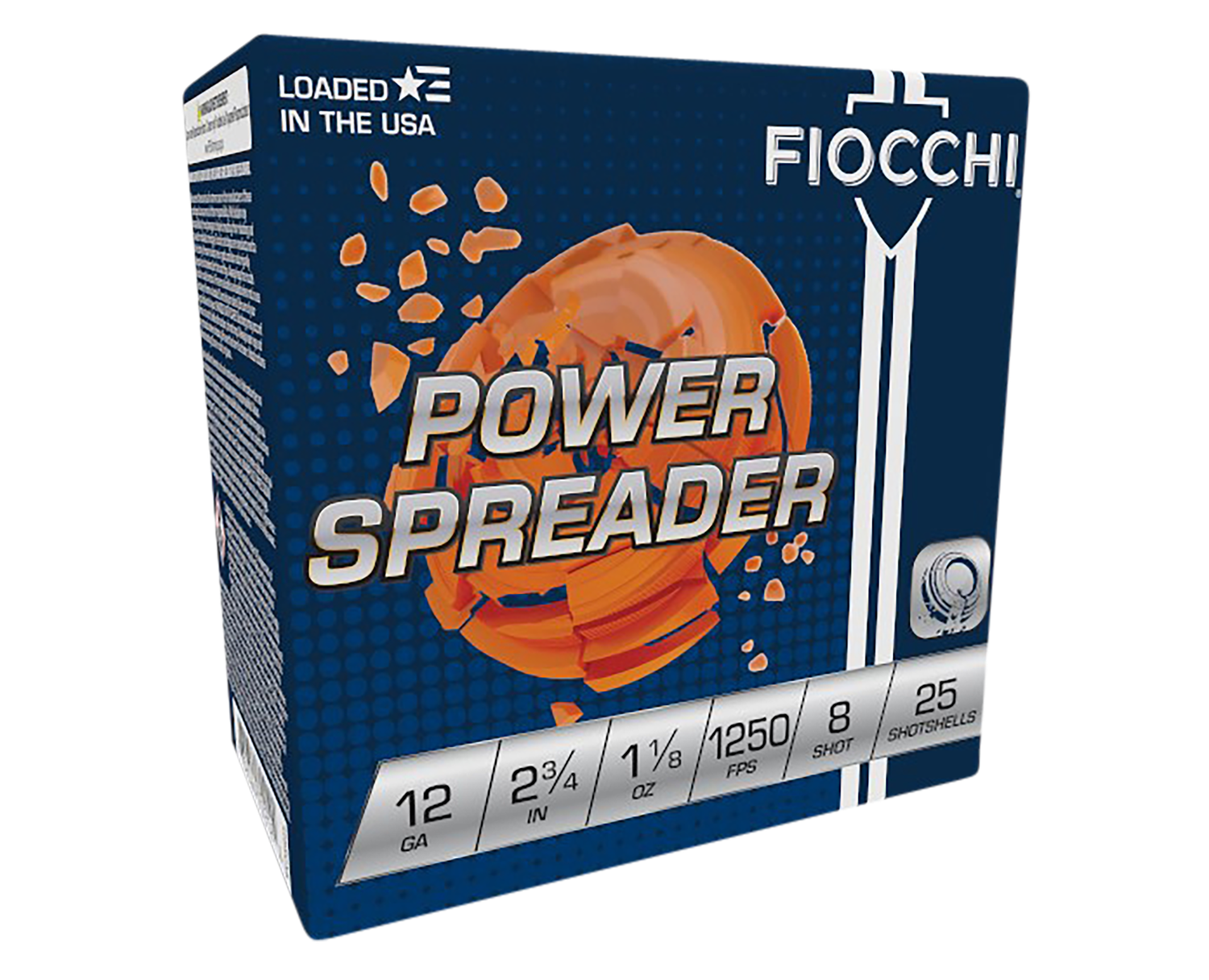 Fiocchi Power Spreader Shotshells 12SSCX8, 12 Gauge, 2-3/4", 1-1/8 oz, 1250 fps, #8 Lead Shot, 25 Rds/Bx