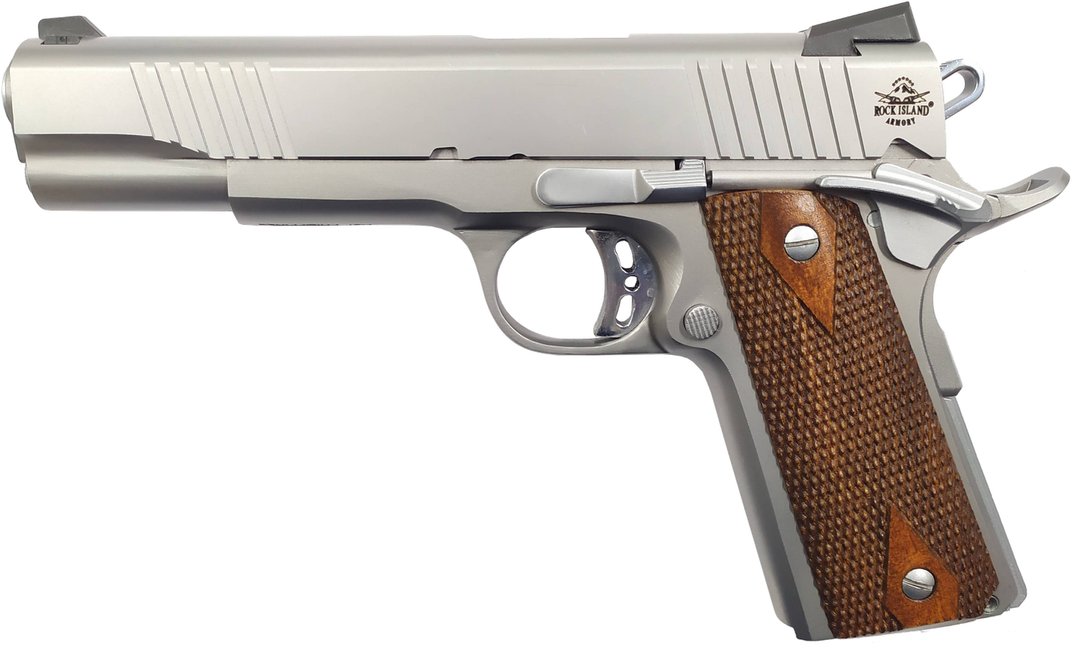 Rock Island Armory M1911 Rock FS Tactical Pistol 51414, 45 ACP, 5in, Double-Diamond Checkered Wood Grips, 8 Rds