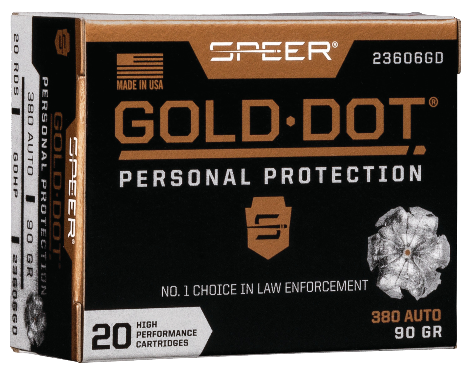 Speer Gold Dot Personal Protection Handgun Ammunition 23606GD, 380 ACP, Gold Dot HP, 90 GR, 1040 fps, 20 Rd/bx