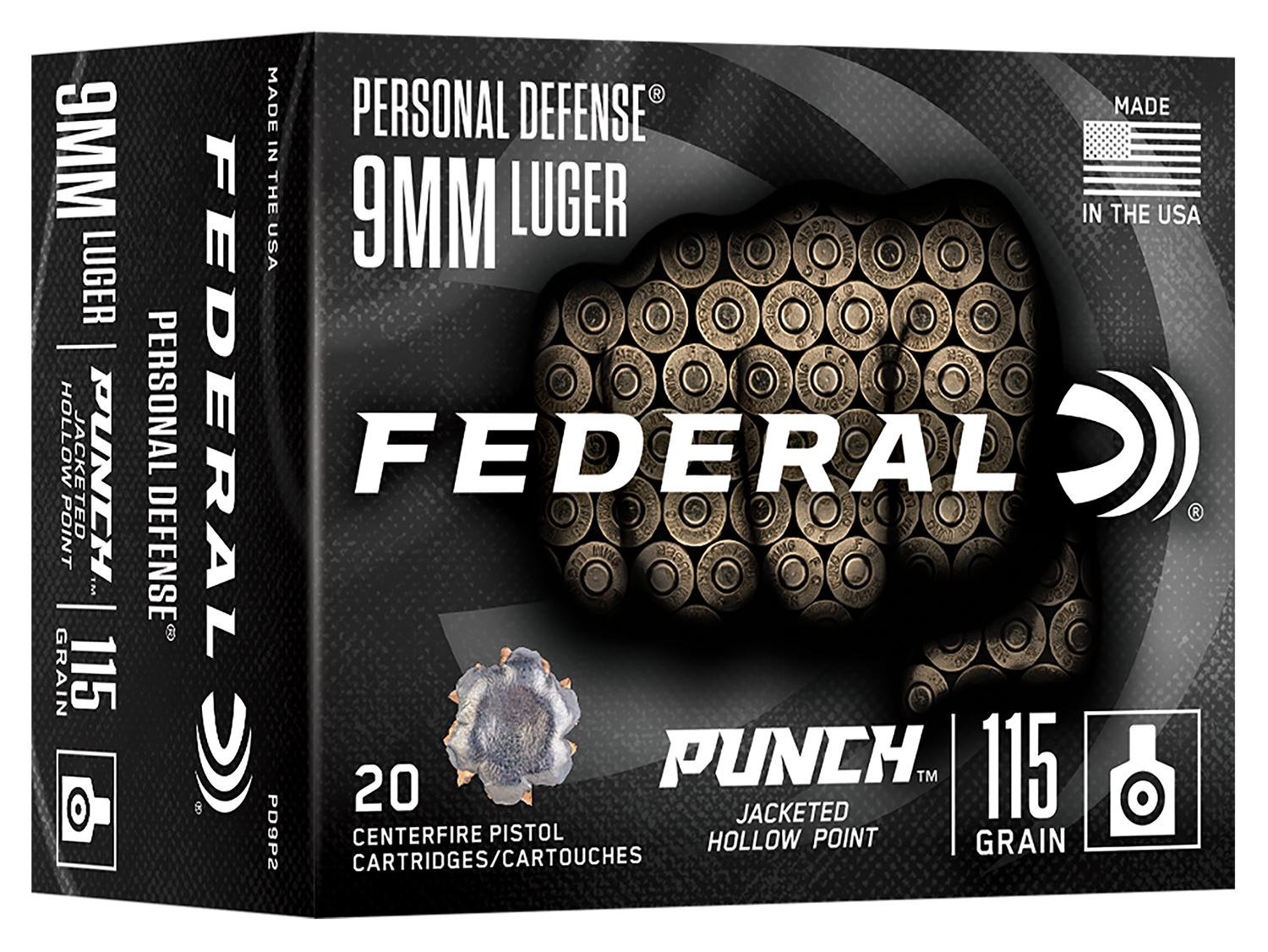 Federal Premium Punch Pistol Ammunition PD9P2, 9mm, JHP, 115 GR, 1180 fps, 20 Rd/bx