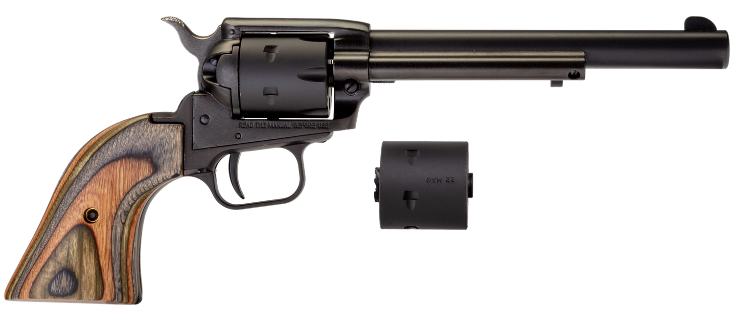 Heritage Rough Rider Single Action Rimfire Revolver RR22MBS6, 22 LR / 22 WMR, 6 1/2", Wood Grip, Black Satin Finish, 6 Rd